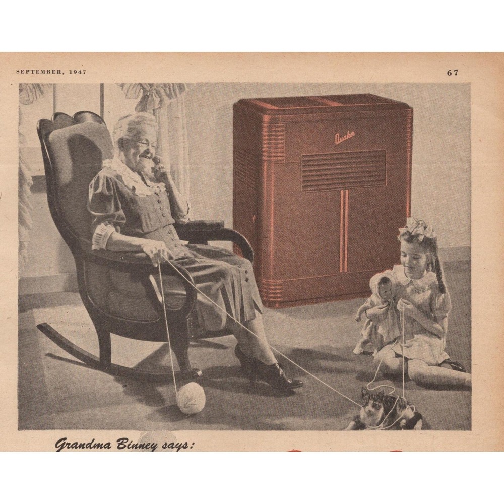 1947 Quaker Oil Heater Vintage Print Ad Grandma Child Cat Cozy Winter Home